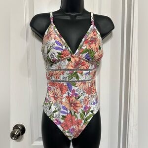 NWT Floral One-Piece Women’s Swimsuit in White with Coral & Purple Flowers